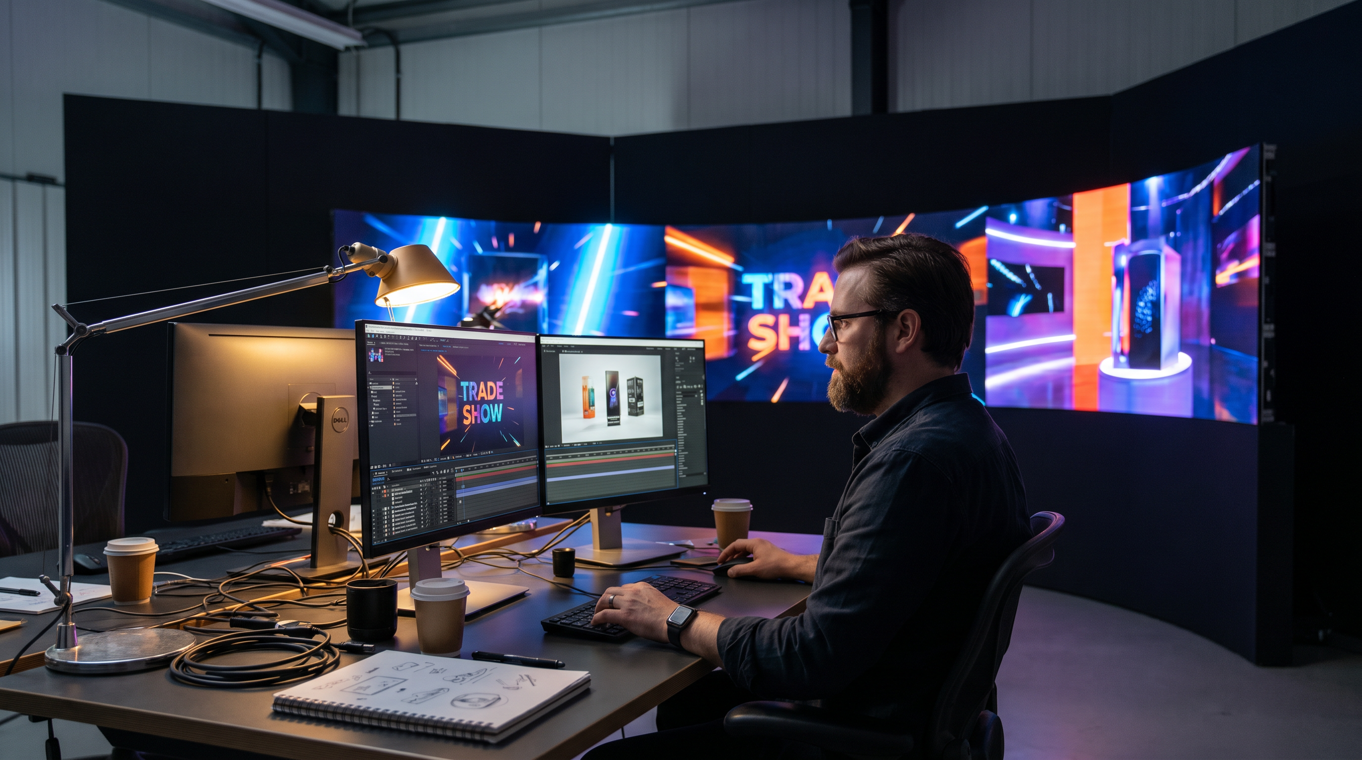 Creative professional designing LED video wall content at a dual-monitor workstation with motion graphics and trade show exhibit visuals