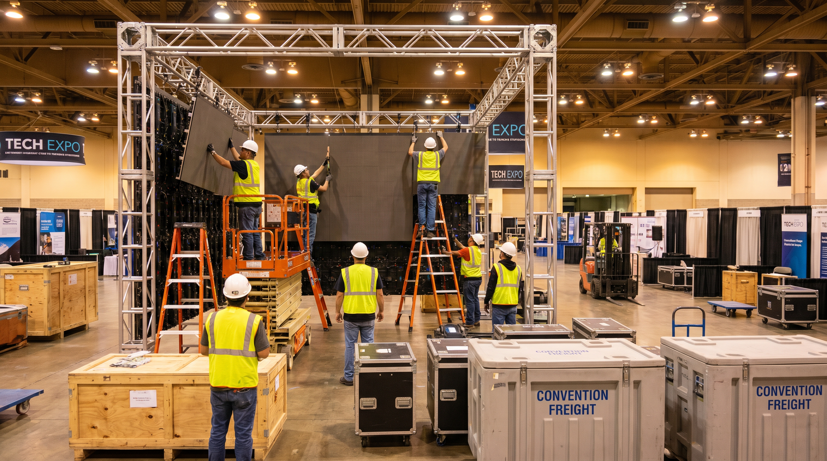 Trade show exhibit installation crew in safety vests assembling LED video wall exhibit structure with aluminum truss and road cases