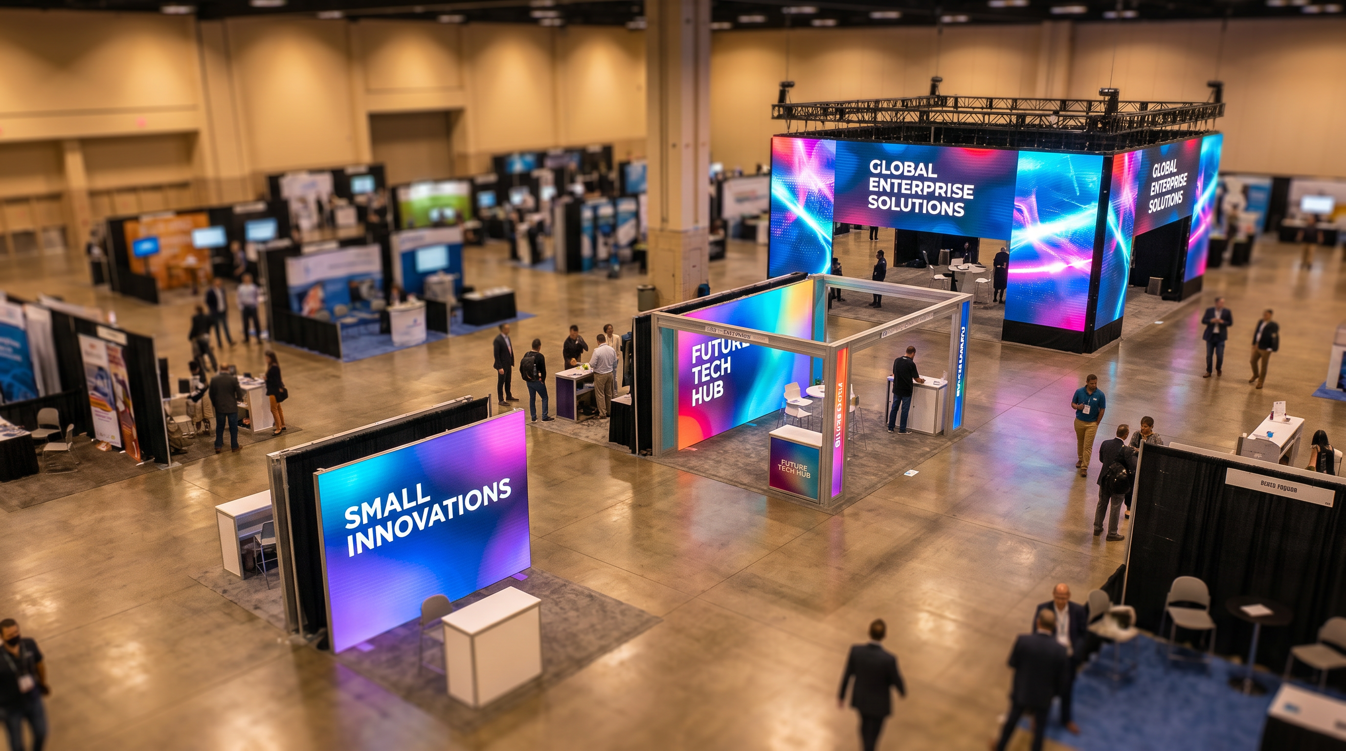 Aerial view of trade show exhibition floor showing multiple exhibit sizes from small 10x10 to large island exhibits with LED video walls