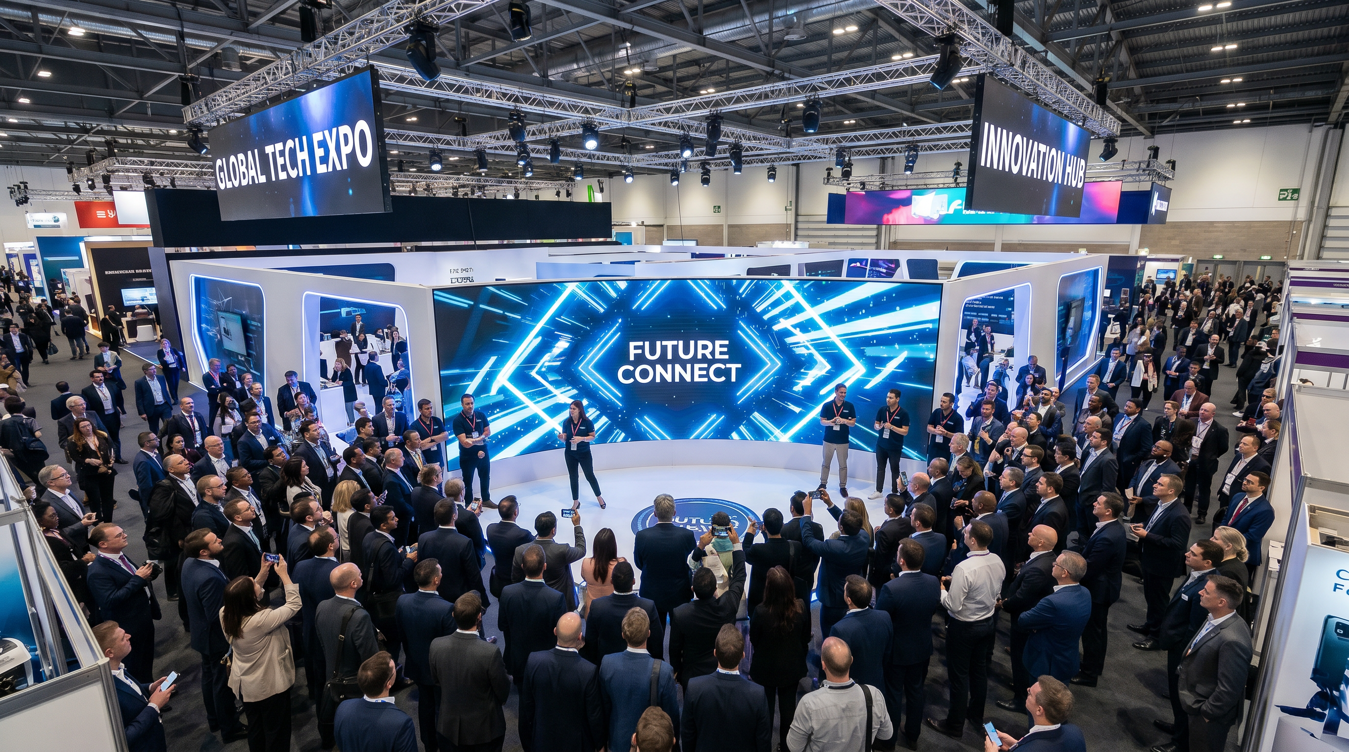 Crowded trade show exhibit with large LED video wall attracting dozens of business attendees at a major convention center expo