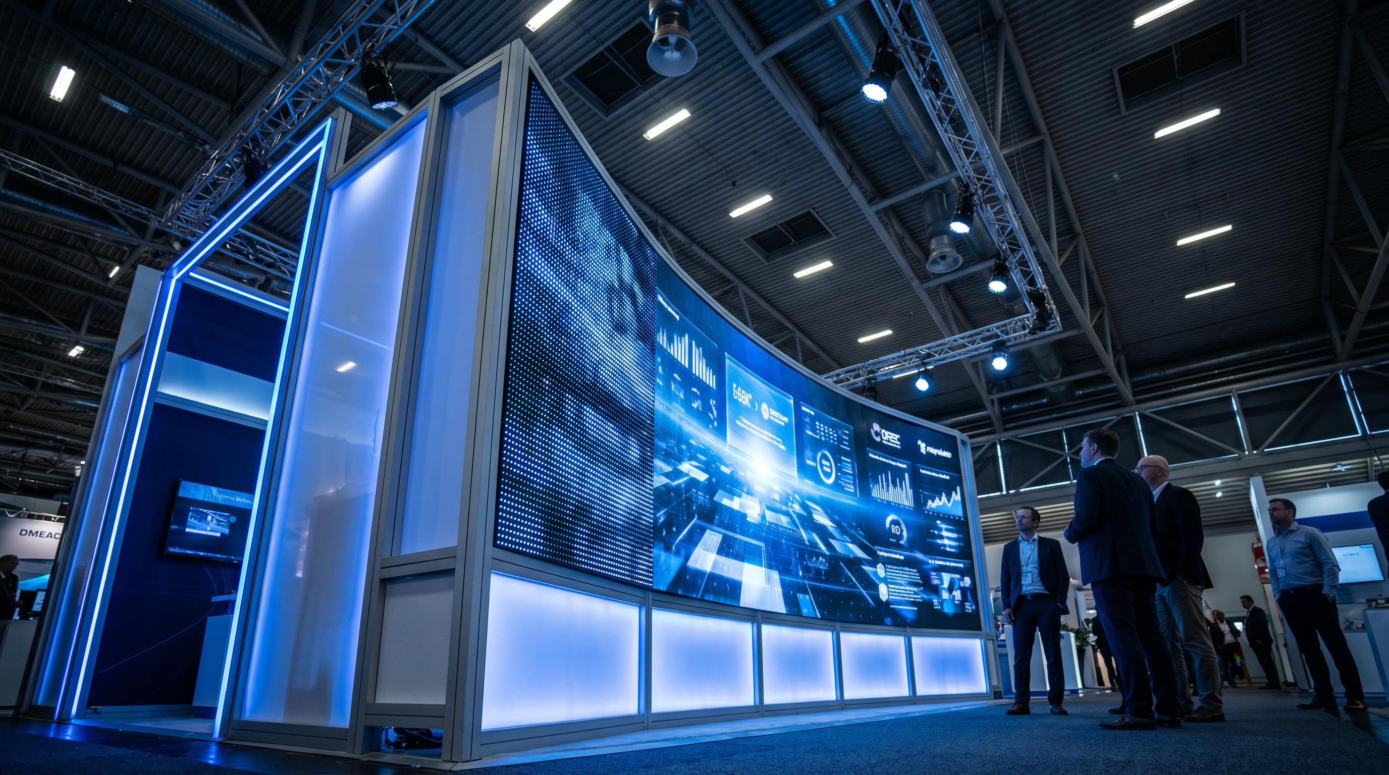 Large curved LED video wall display at a trade show exhibit with blue corporate content and attendees viewing the exhibit