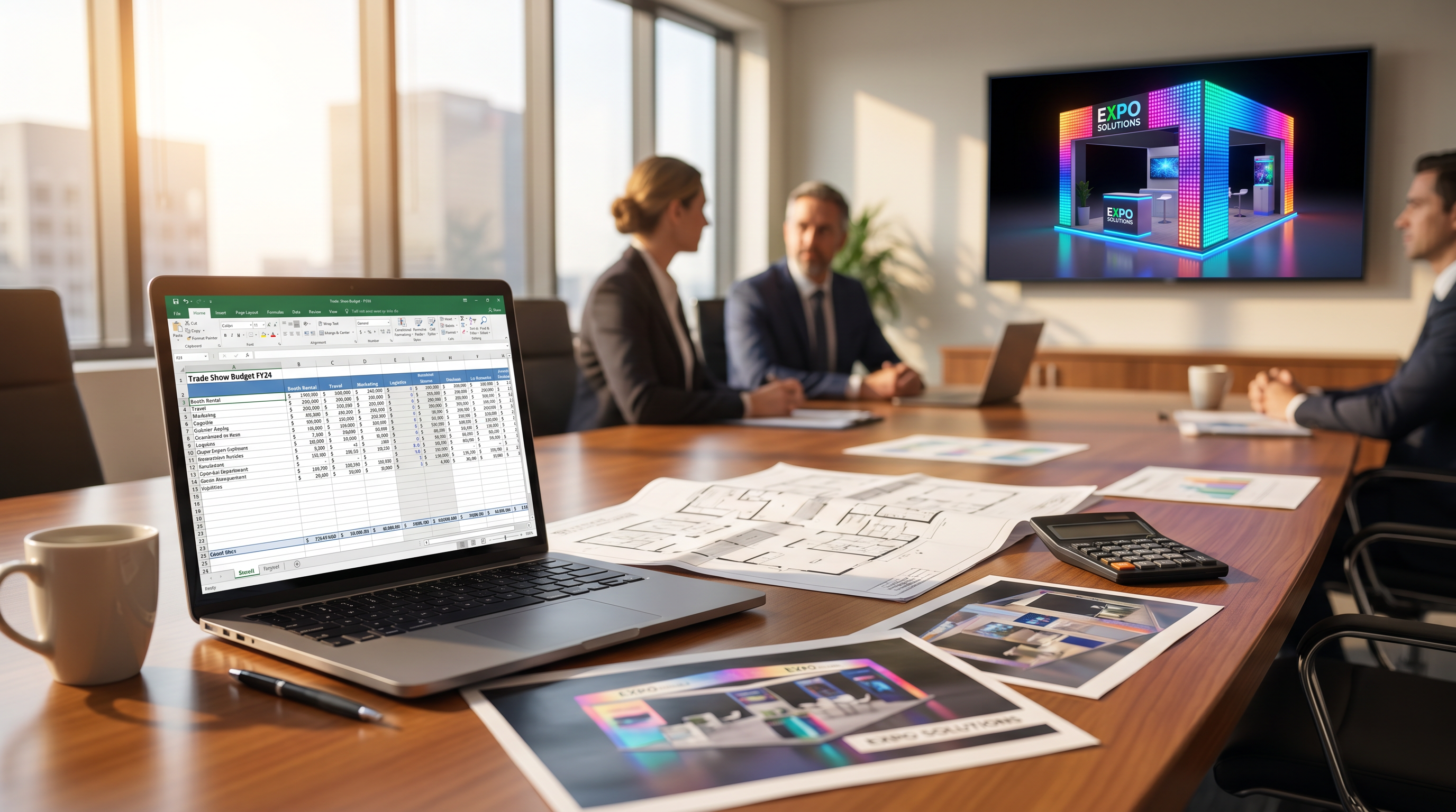 Business planning meeting for trade show budgeting with laptop showing cost spreadsheet and LED exhibit exhibit rendering on monitor