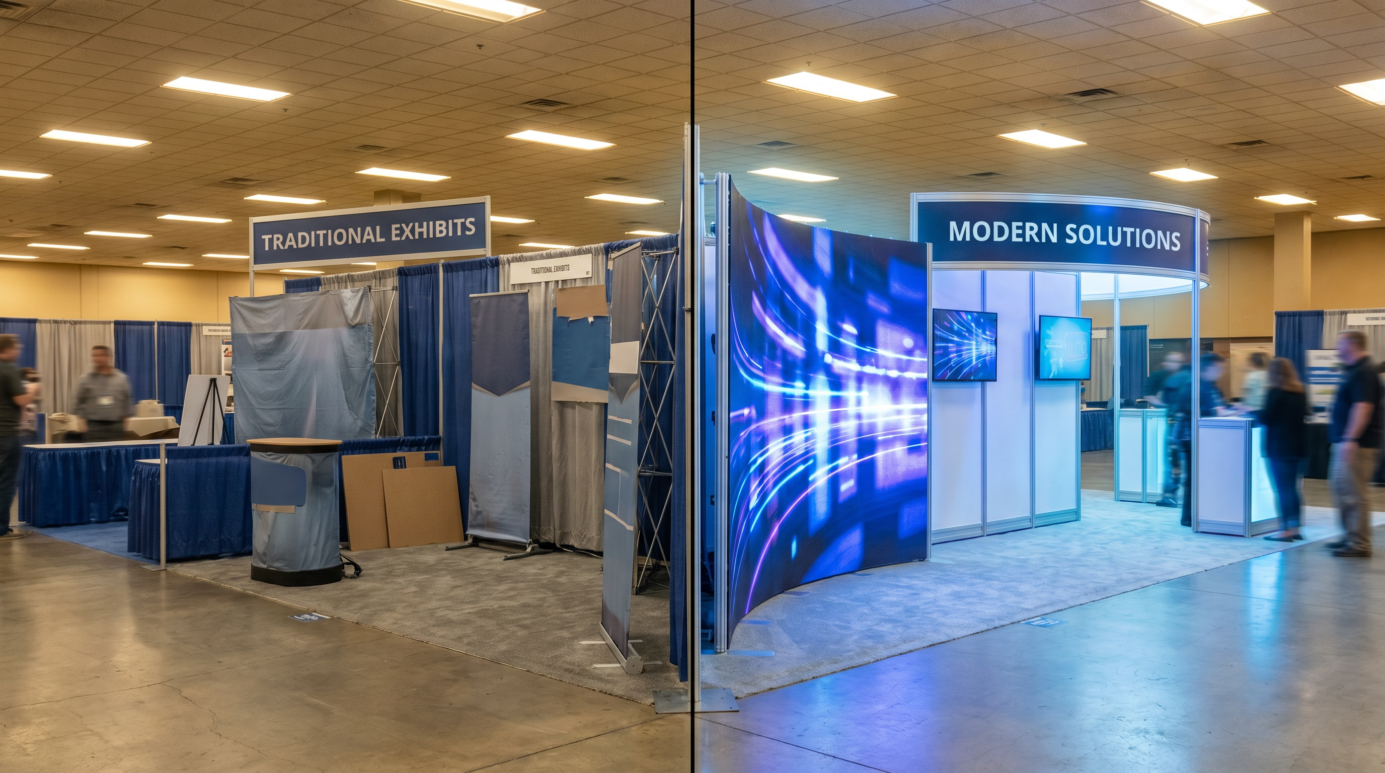 Side-by-side comparison of traditional fabric exhibit exhibit versus modern LED video wall exhibit at a trade show convention center
