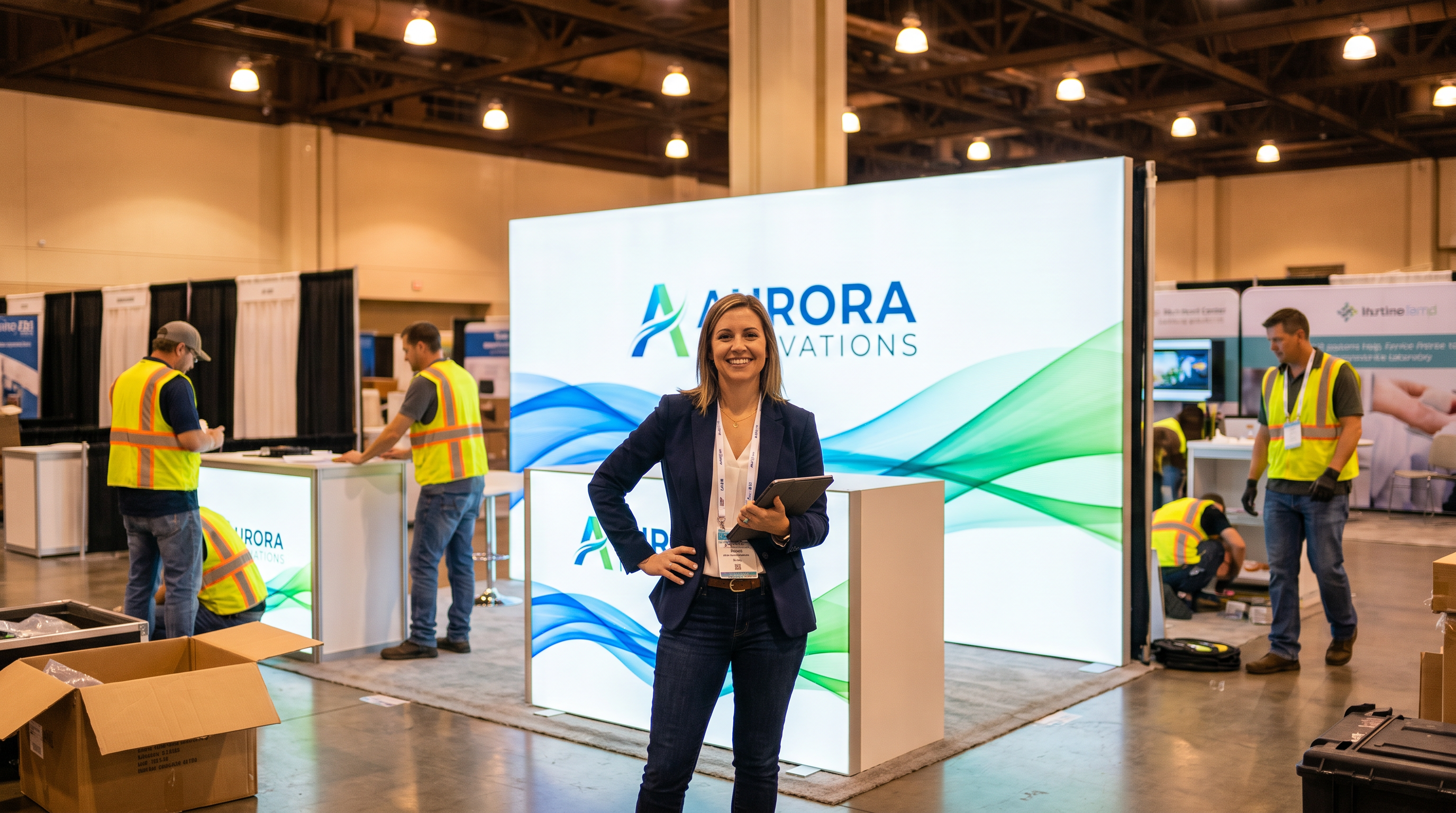 First-time trade show exhibitor standing proudly in front of newly set up LED exhibit exhibit at a convention center during setup