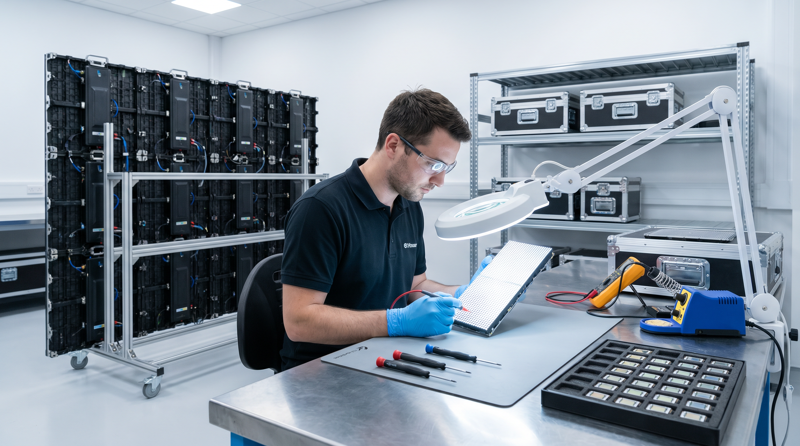 LED video wall technician performing maintenance on panel module at clean workshop workbench with specialized tools and spare parts