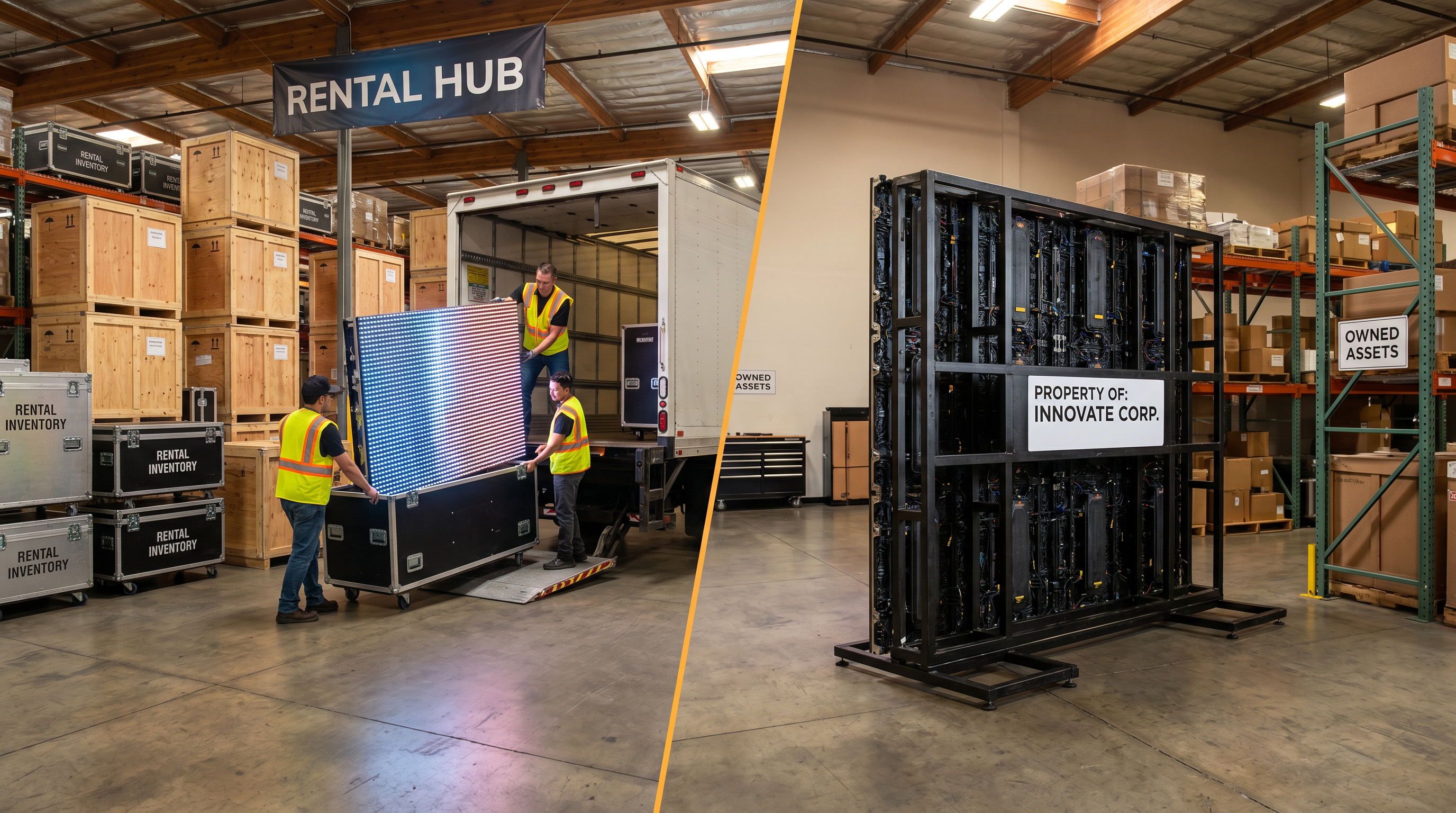 Split comparison of LED exhibit rental warehouse with delivery truck loading versus company-owned exhibit stored in private warehouse