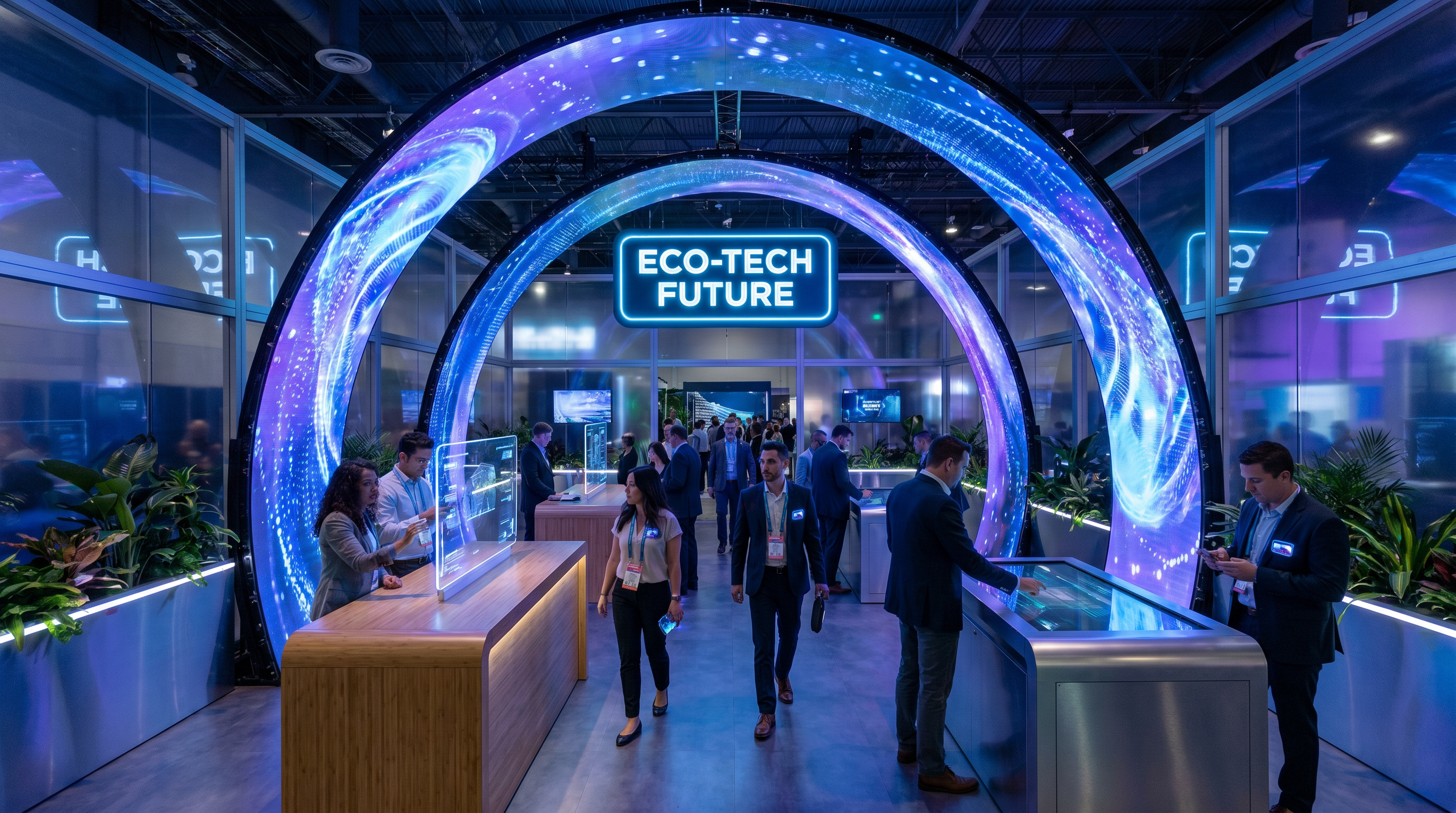 Futuristic immersive trade show exhibit with curved LED archway, interactive touchscreens, and sustainable design elements