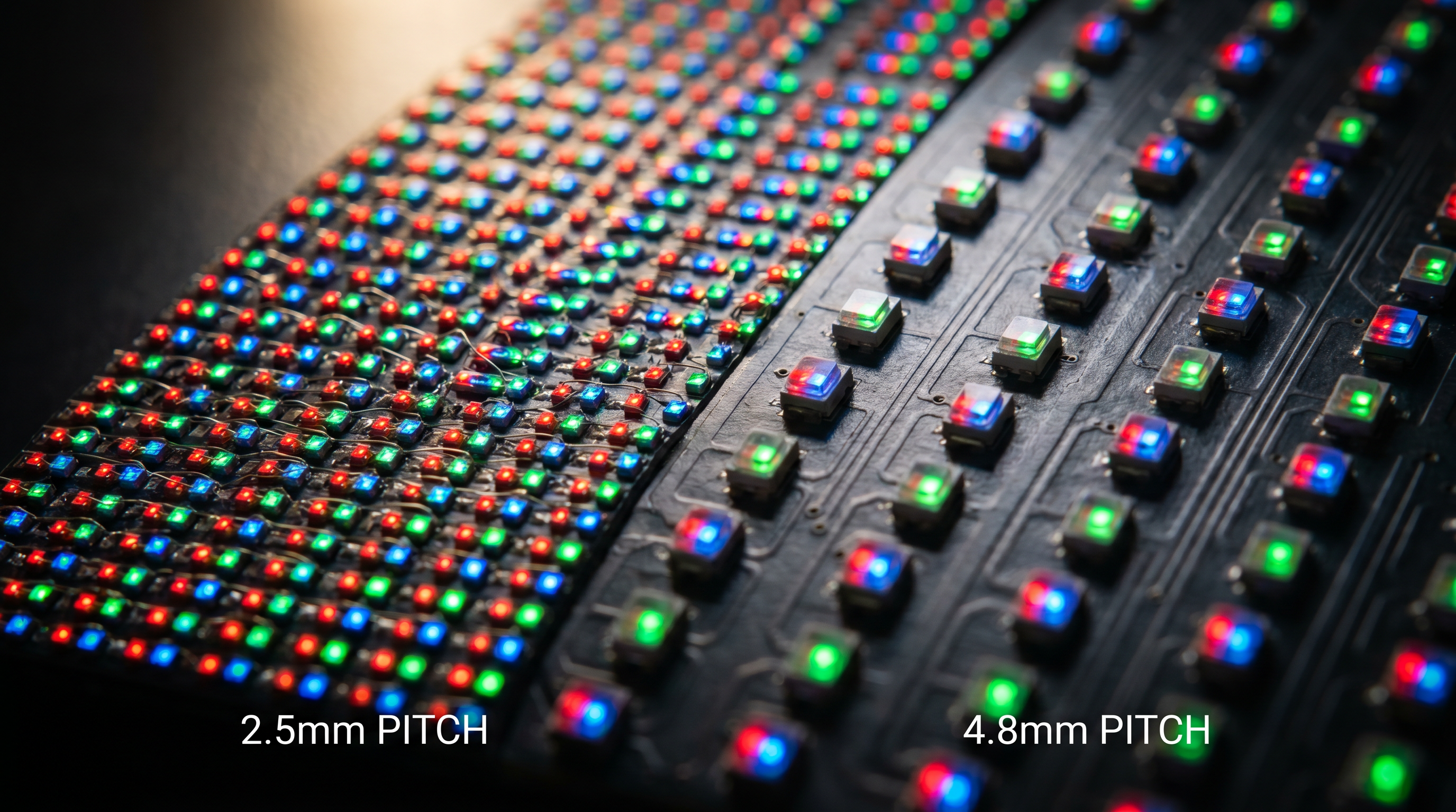 Extreme close-up macro photograph of LED video wall panels showing individual RGB LED diodes at 2.5mm and 4.8mm pixel pitch