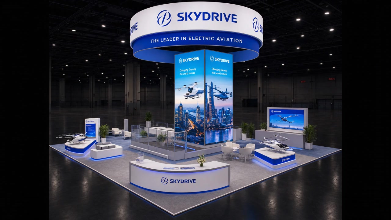 30x30 LED exhibit exhibit rental with hanging sign - SEMA LED Video Wall Exhibit – 30x30 EV Companies
