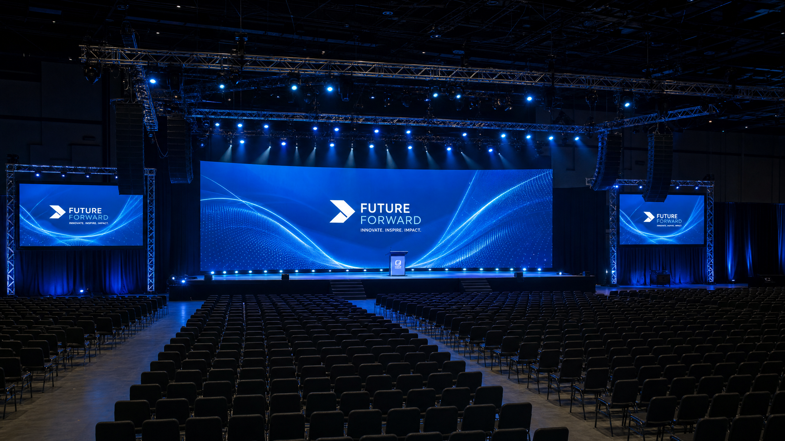 Conference arena venue with LED exhibit exhibit installations