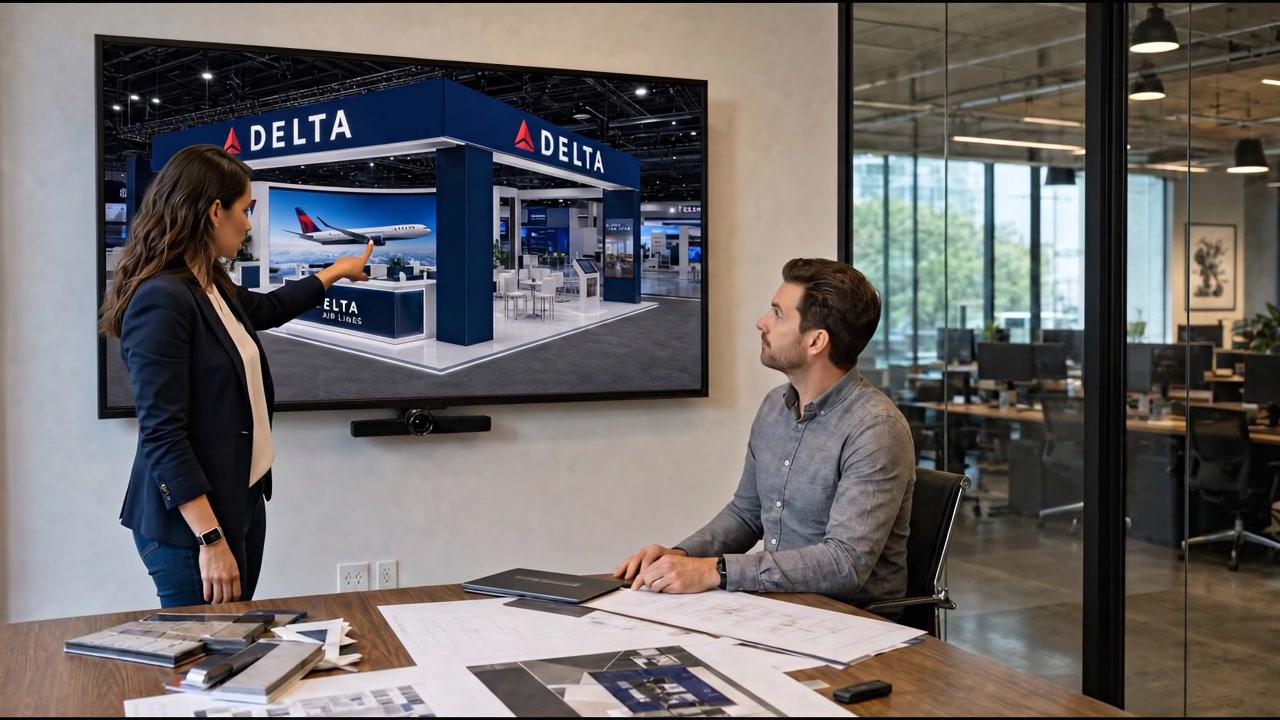 LED Exhibits design team presenting 3D exhibit rendering to clients in modern studio